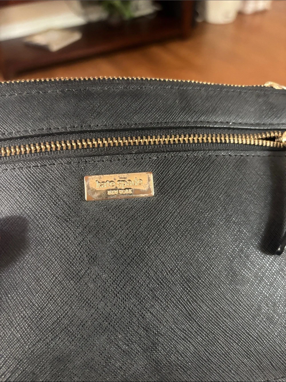 kate spade Black Saffiano Leather Wristlet Clutch with Gold Hardware